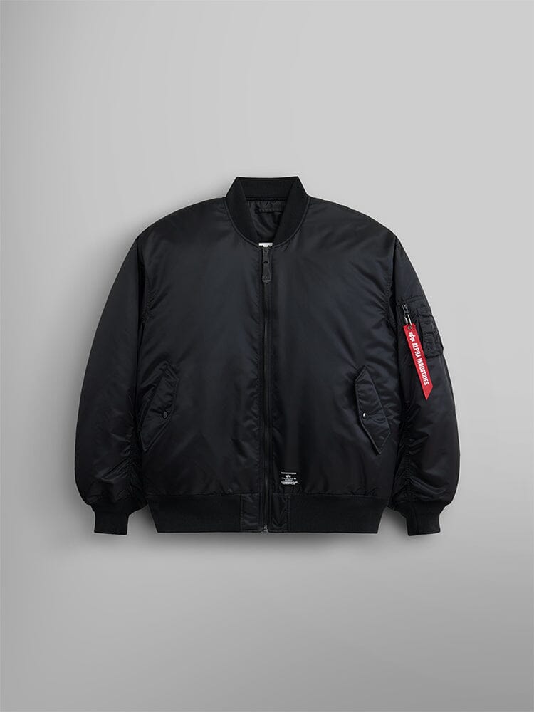 Alpha Industries MA-1 Bloodchit Gen II Bomber Jacket, front zipper, ribbed cuffs and hem, angled pockets, zippered sleeve pocket with red tag.
