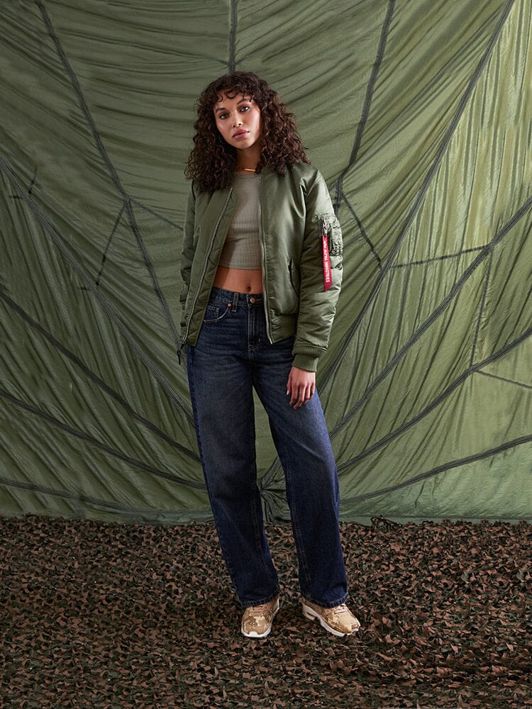 Alpha Industries MA-1 Bomber Jacket Womens in nylon, front zipper closure, ribbed cuffs and hem.