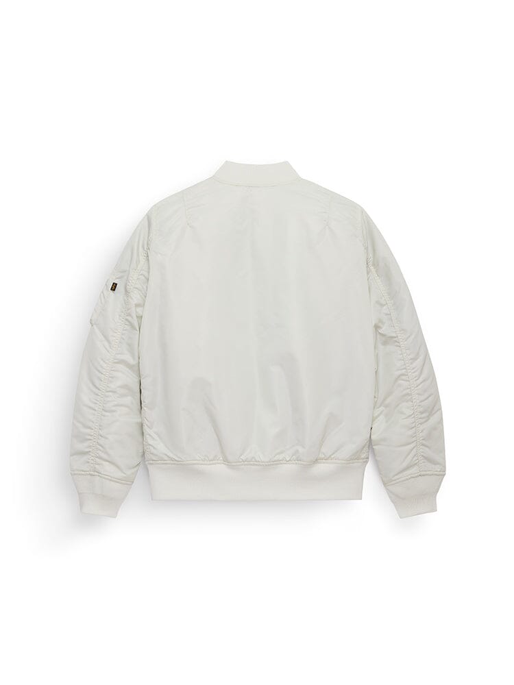 Alpha Industries MA-1 Bomber Jacket W, light gray, ribbed cuffs, collar, hem, zippered pocket on left sleeve.