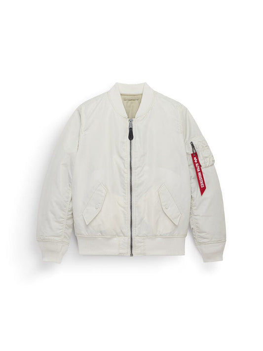 Alpha Industries MA-1 Bomber Jacket in Dune White, front zipper, two front flap pockets, ribbed cuffs and hem, red Remove Before Flight tag on sleeve.