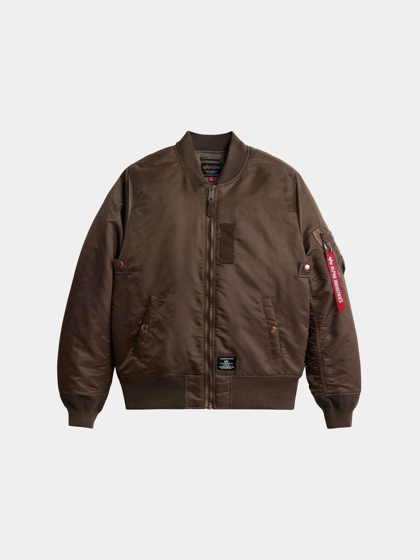 Alpha Industries MA-1 Mod Bomber Jacket in coyote brown with front zipper, utility pocket, red tag, two front pockets, ribbed cuffs and hem.