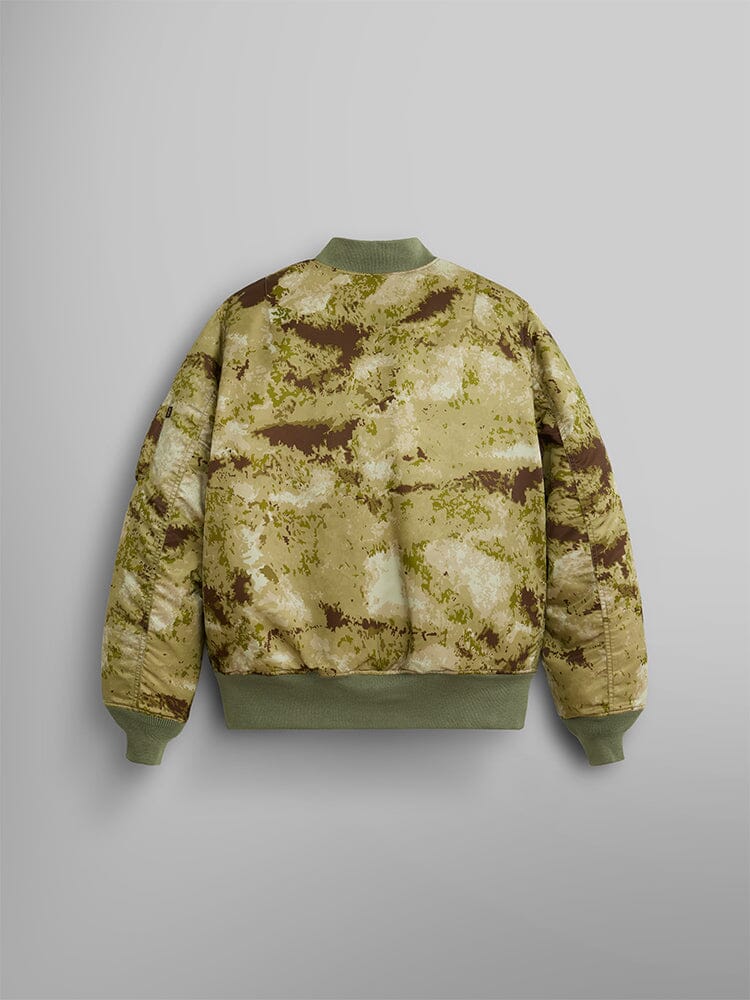Alpha Industries MA-1 Mod Bomber Jacket, camouflage design, green ribbed cuffs, waistband, collar.