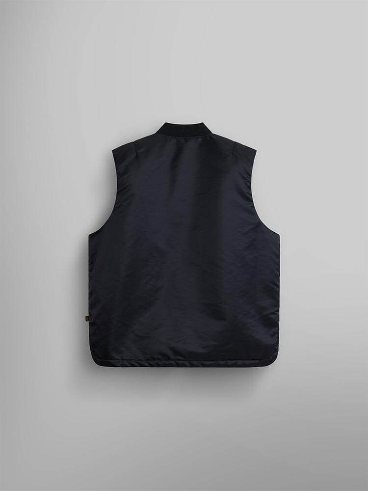 Back view of the MA-1 Mod Vest by Alpha Industries, a black sleeveless vest made from flight nylon with a high collar and quilted lining.