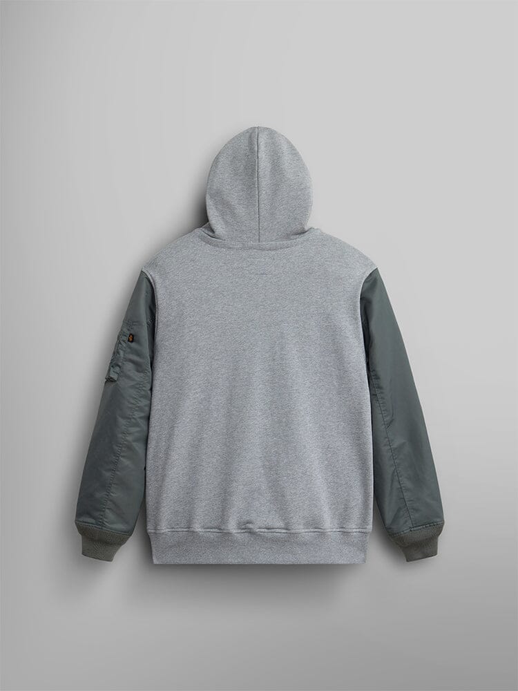 Back view of the MA-1 Zip Up Hoodie by Alpha Industries, featuring a gray body with green flight nylon sleeves and a hood.