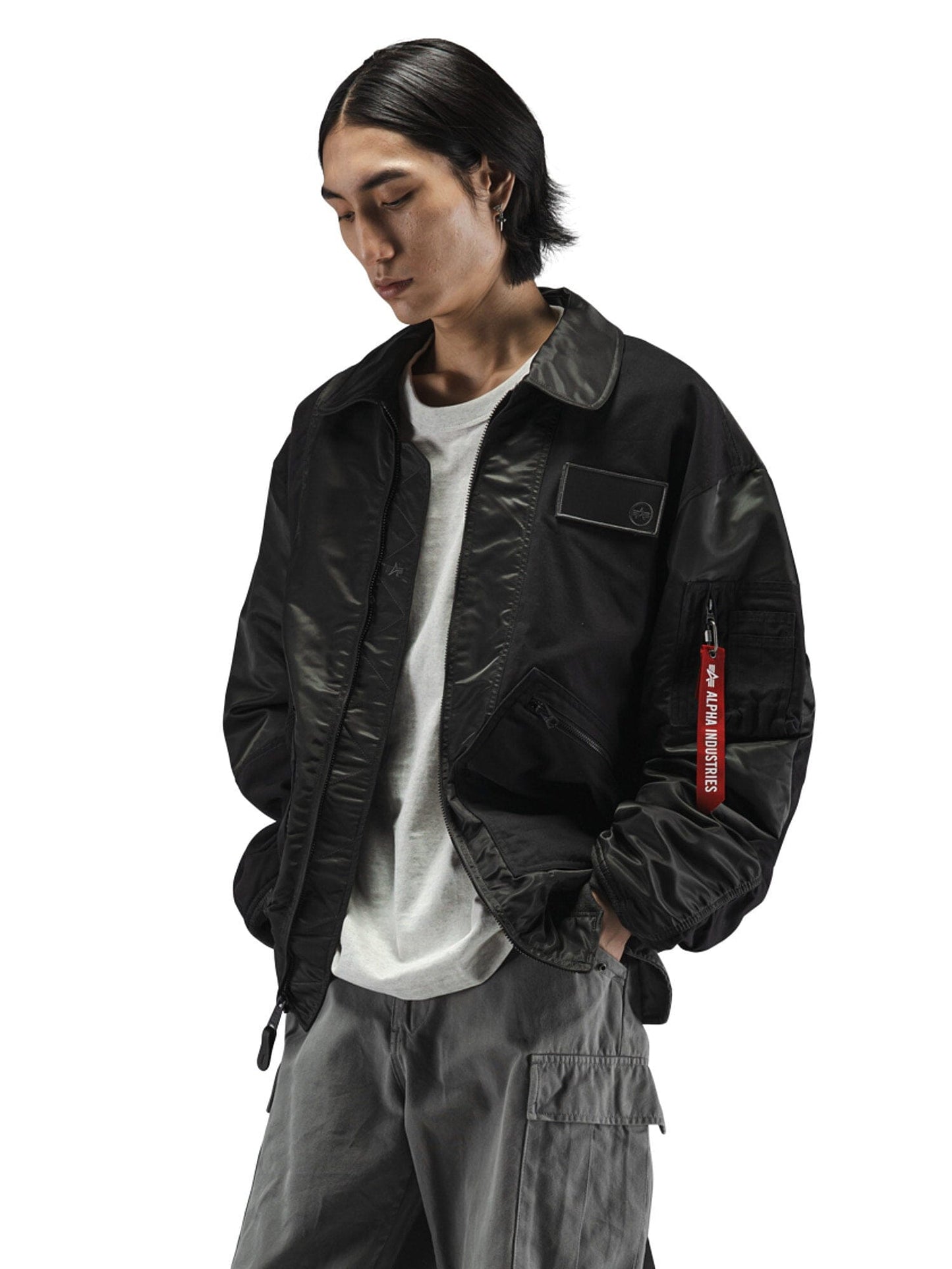 Alpha Industries Mixed Media CWU 36P Mod Jacket, gray color, mixed materials, zip closure.