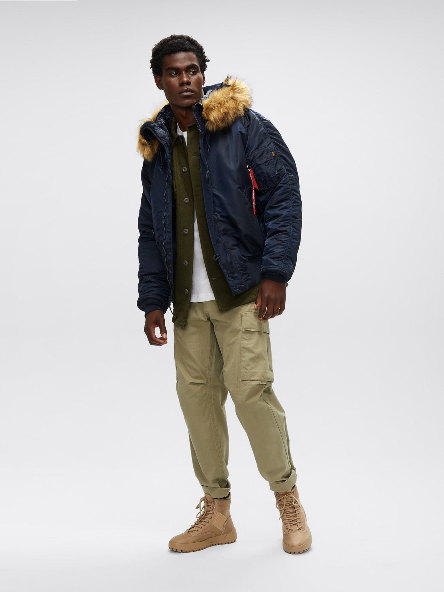 Alpha Industries N-2B Short Waist Parka with faux mouton fur-lined hood, green, zip closure.