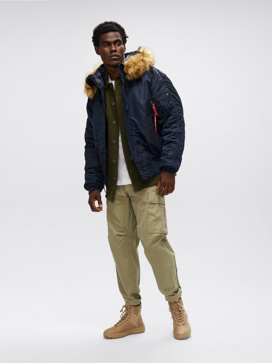 Alpha Industries N-2B Short Waist Parka with faux mouton fur-lined hood, green, zip closure.