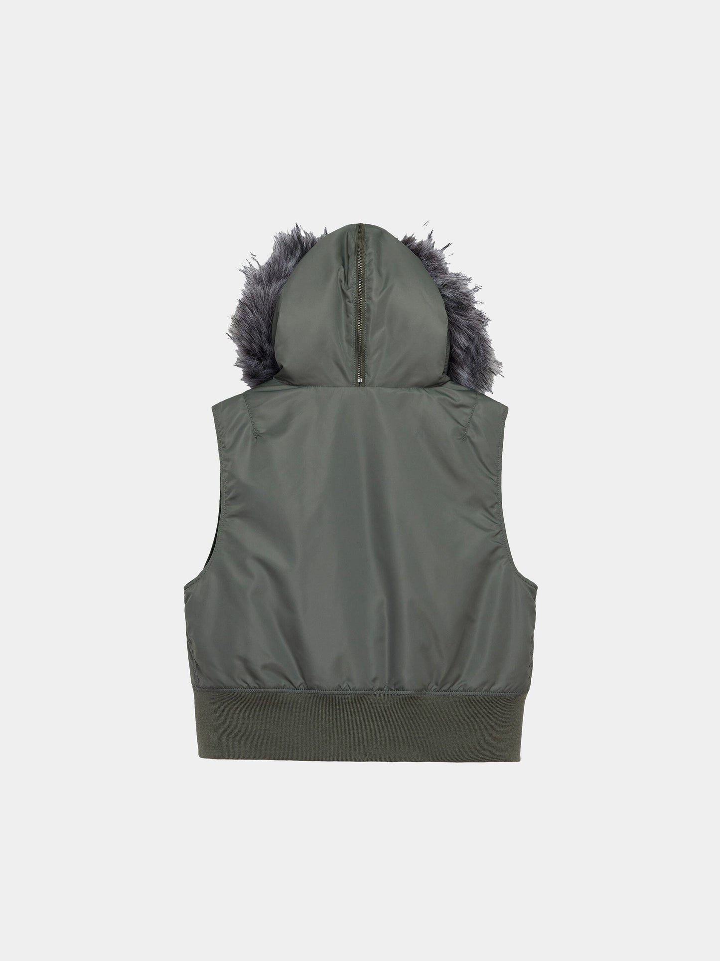 Alpha Industries N-2b Vest Womens, sleeveless olive green vest with faux fur hood trim.