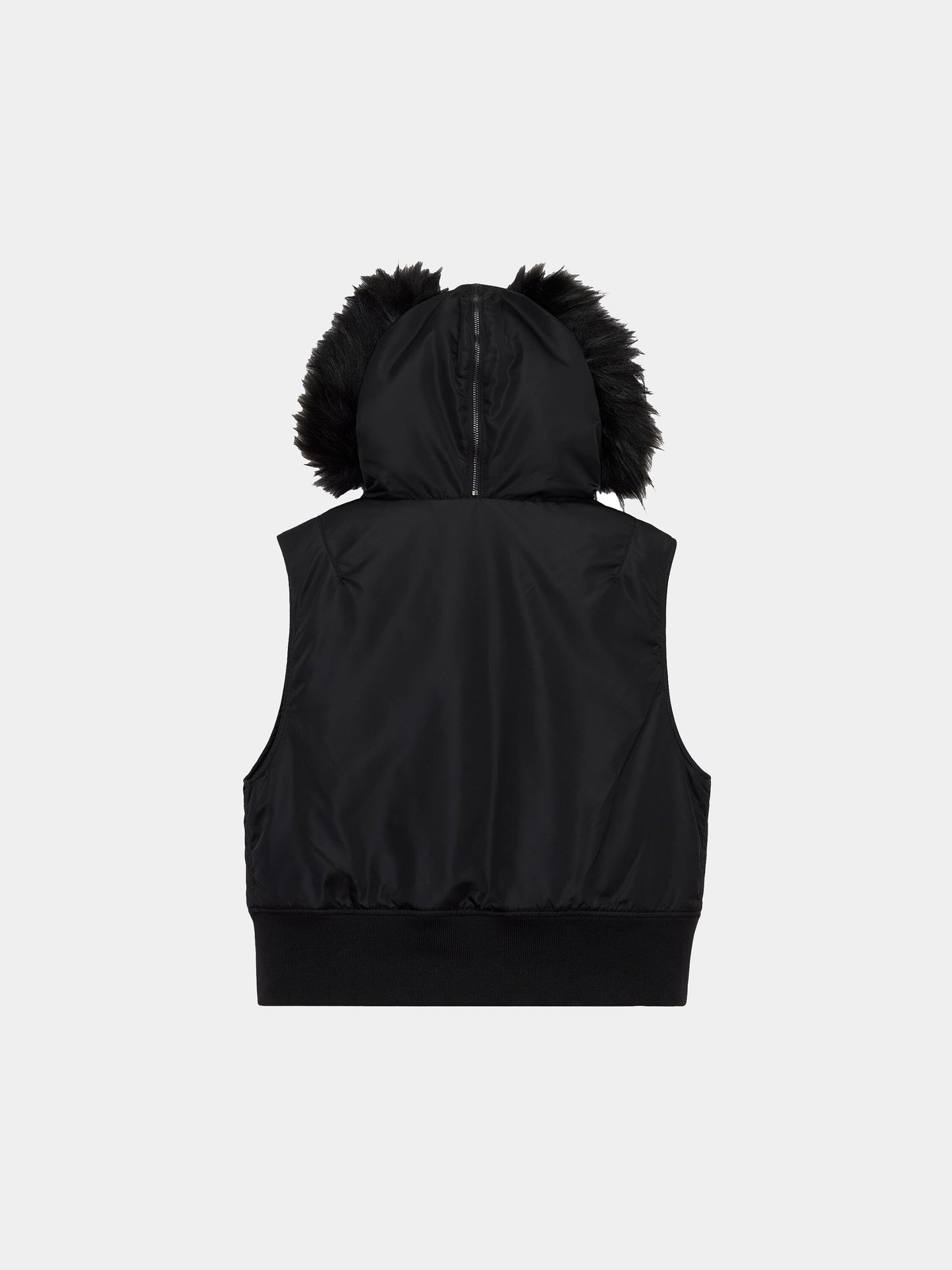 Alpha Industries N-2b Vest Womens in black flight nylon with faux fur hood, sleeveless design.