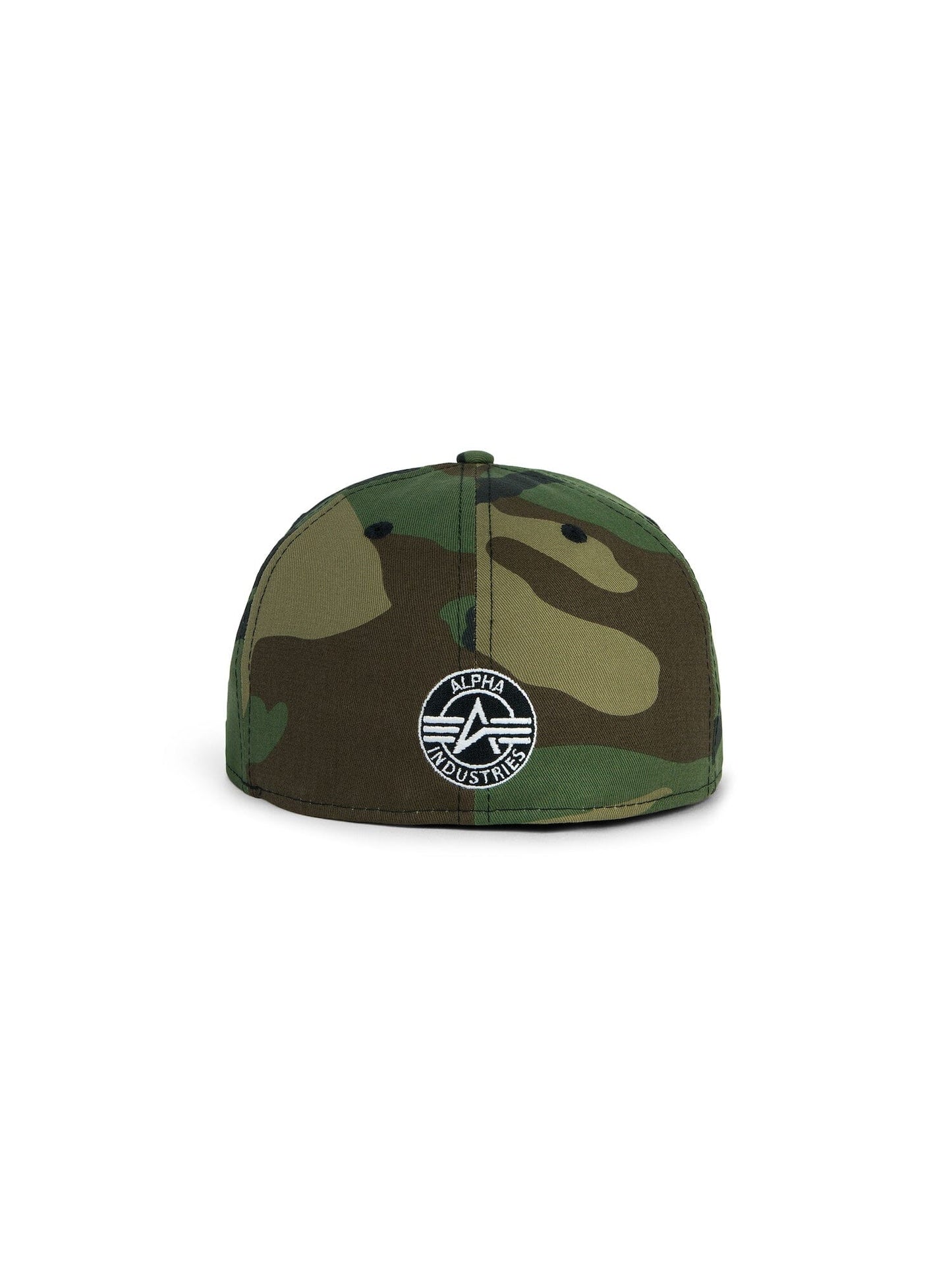 New Era X Alpha Industries 5950 Collegiate A Hat, green camo pattern, Alpha Industries logo patch at back center.