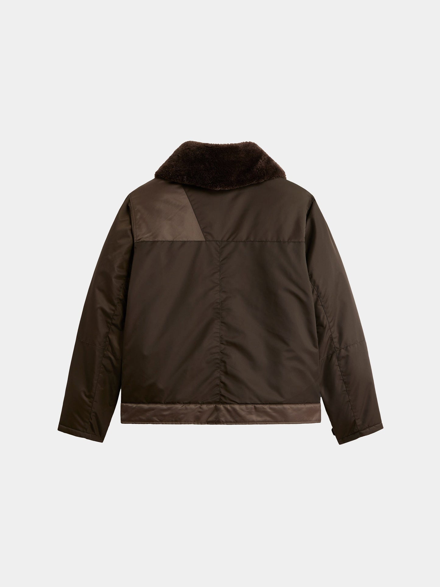 Alpha Industries Nylon Aviator Jacket in dark brown nylon with shearling collar, long sleeves, and upper back panel detail.
