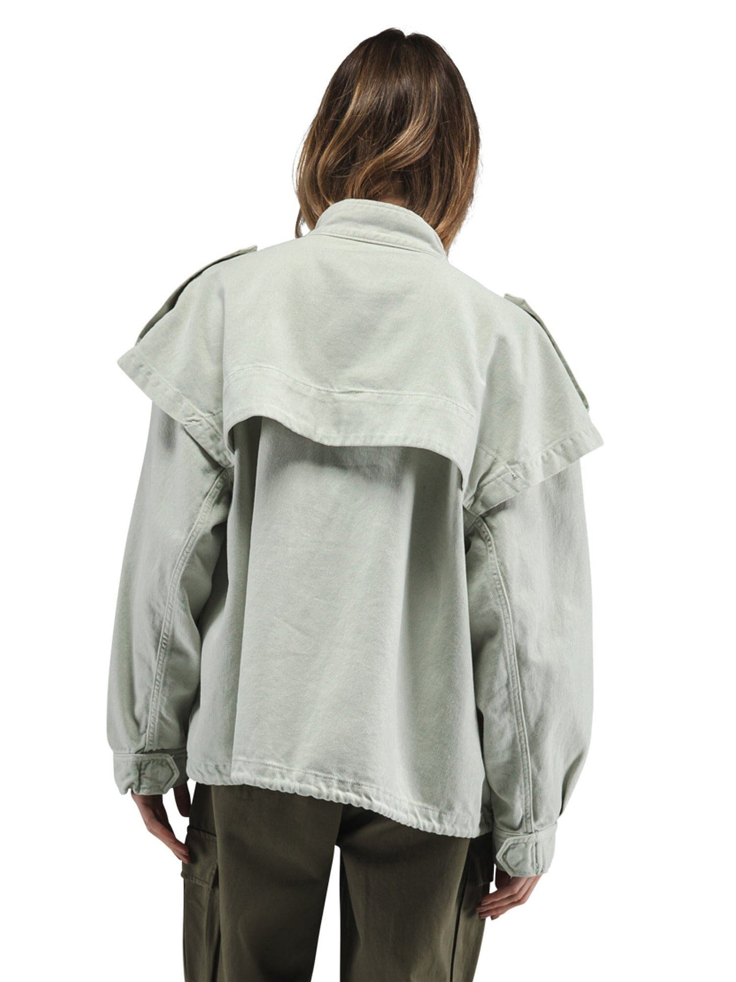 Alpha Industries Oversized Ctn Utility Jacket W, light gray cotton canvas with back flap detail and button closures.