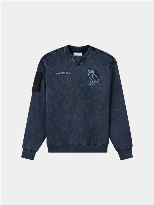 OVO X ALPHA GARMENT DYE CREWNECK COLLAB Alpha Industries REPLICA BLUE XS