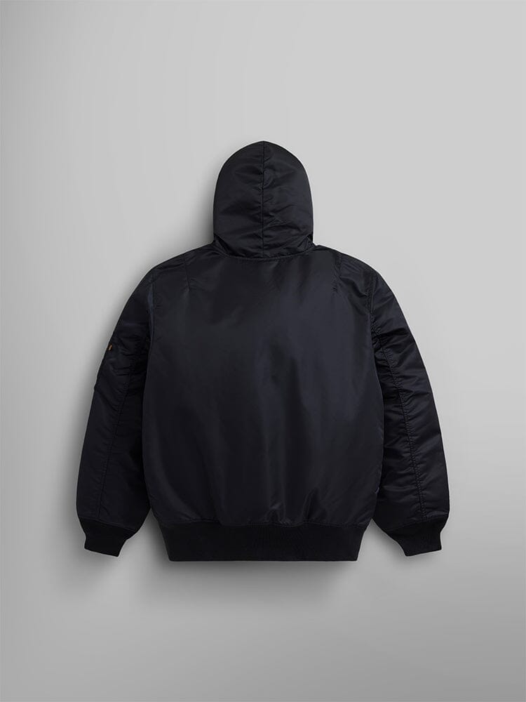 Back view of the iconic Alpha Industries Pull-Over MA-1 Jacket Hoodie in black, featuring a hooded design.