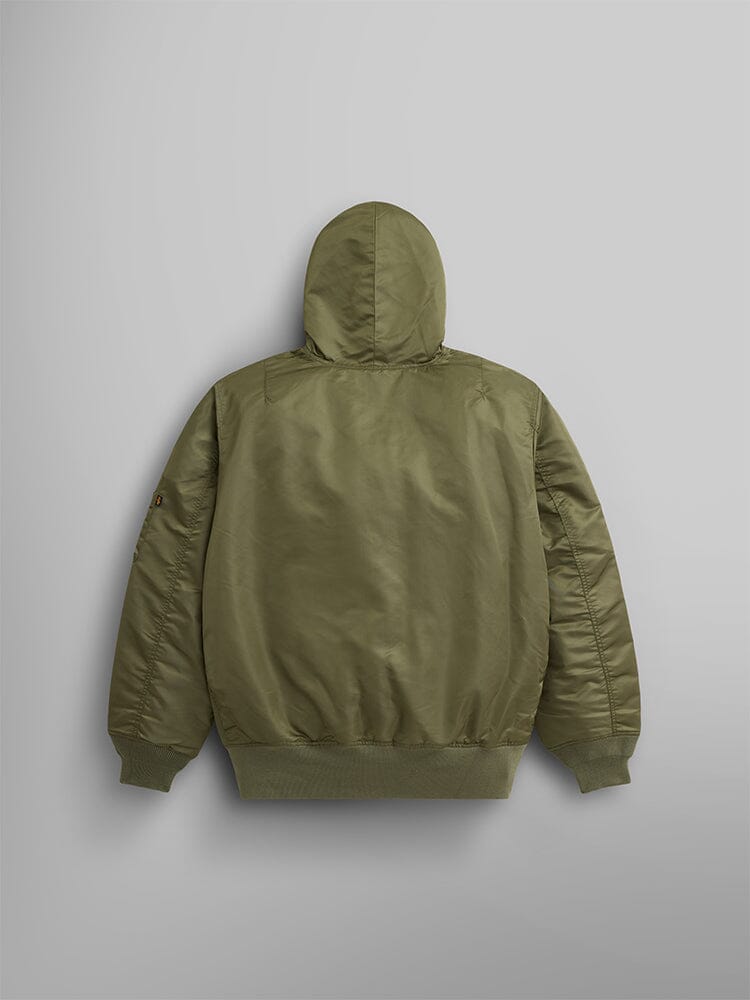 Back view of the olive green Pull-Over MA-1 Jacket Hoodie by Alpha Industries.