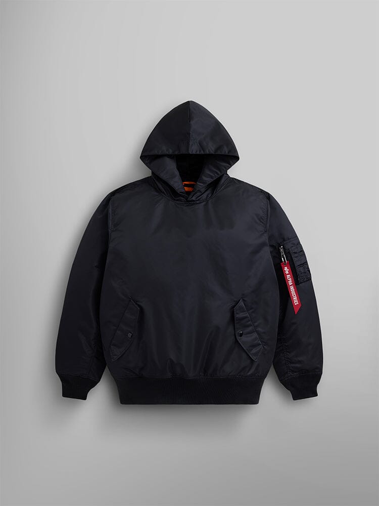 Front view of the Pull-Over MA-1 Jacket Hoodie in black by Alpha Industries.