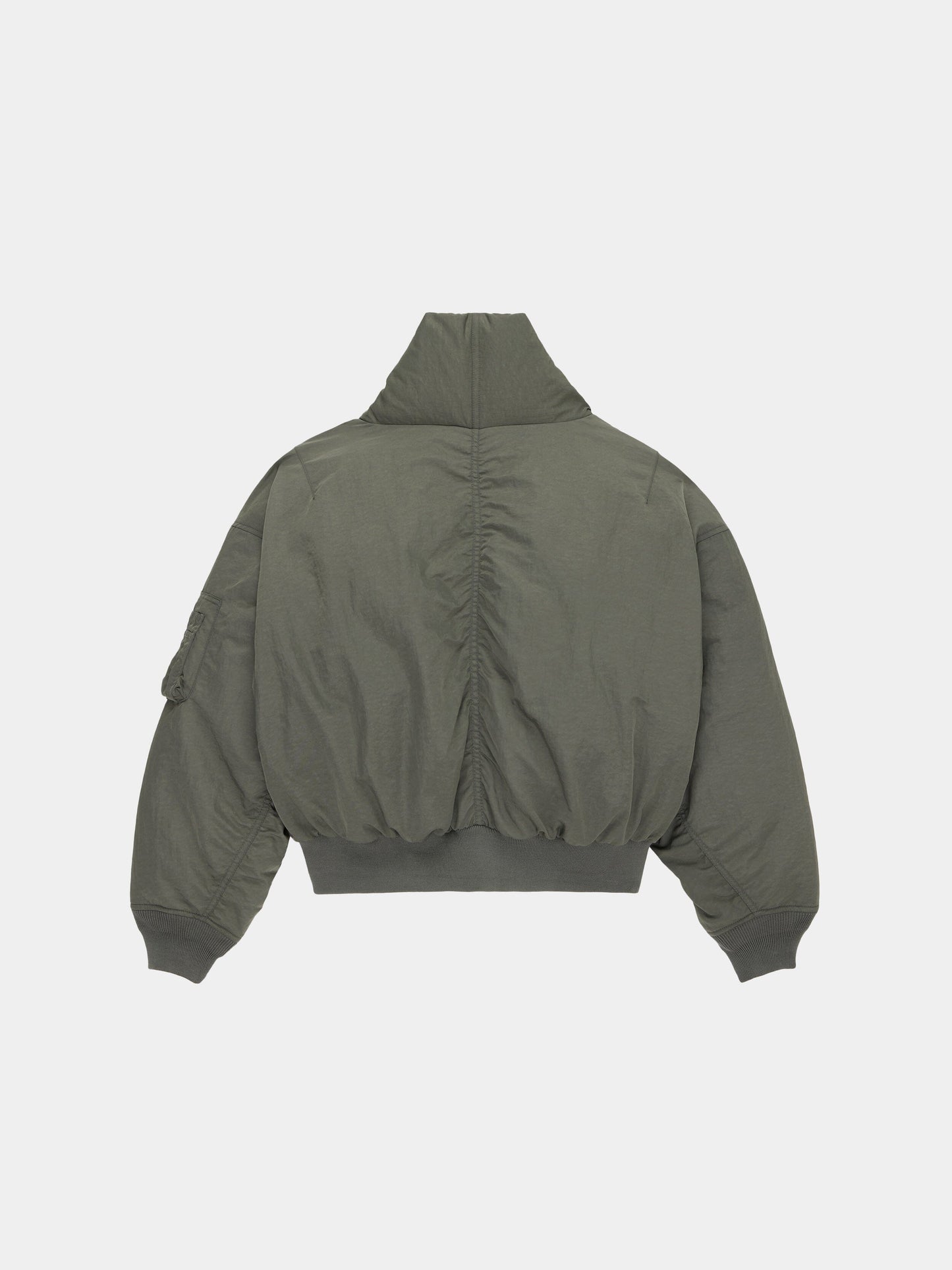 Alpha Industries Shawl Collar Flight Jacket Womens in green with onion quilted lining, ribbed cuffs, and waistband.