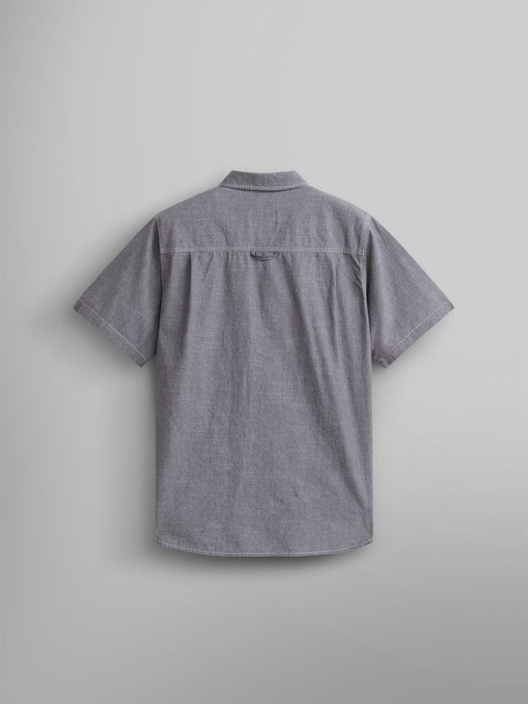 Alpha Industries Short Sleeve Multi Pocket Shirt in light gray with collar and button closures.
