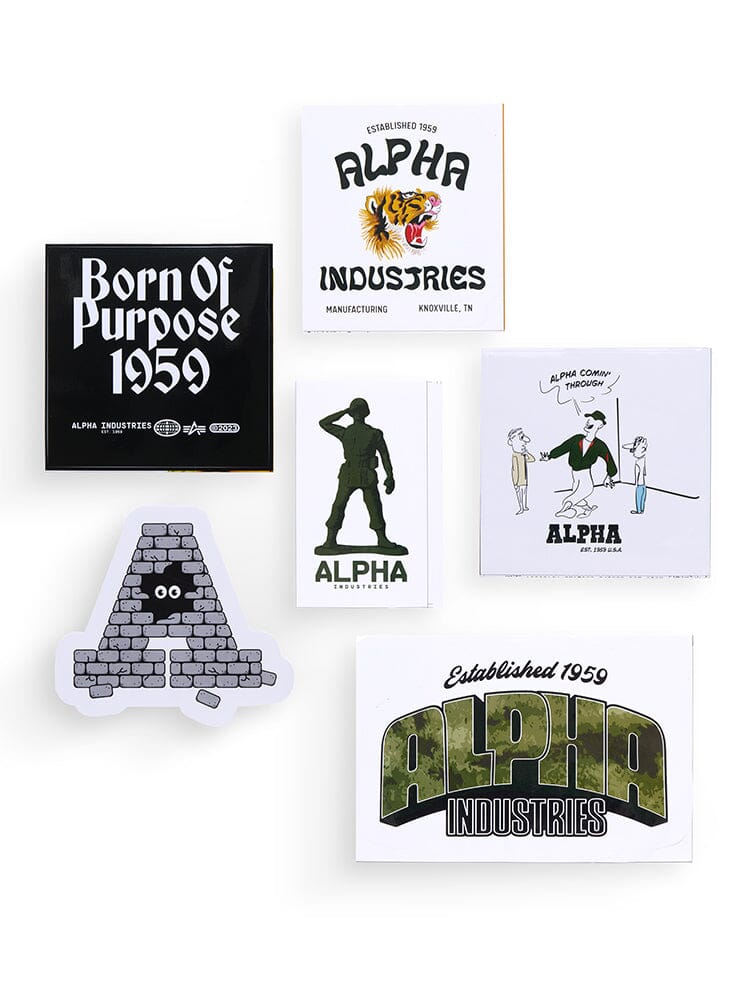 Alpha Industries Sticker Pack, six assorted stickers with text, illustrations, and logos, no color.