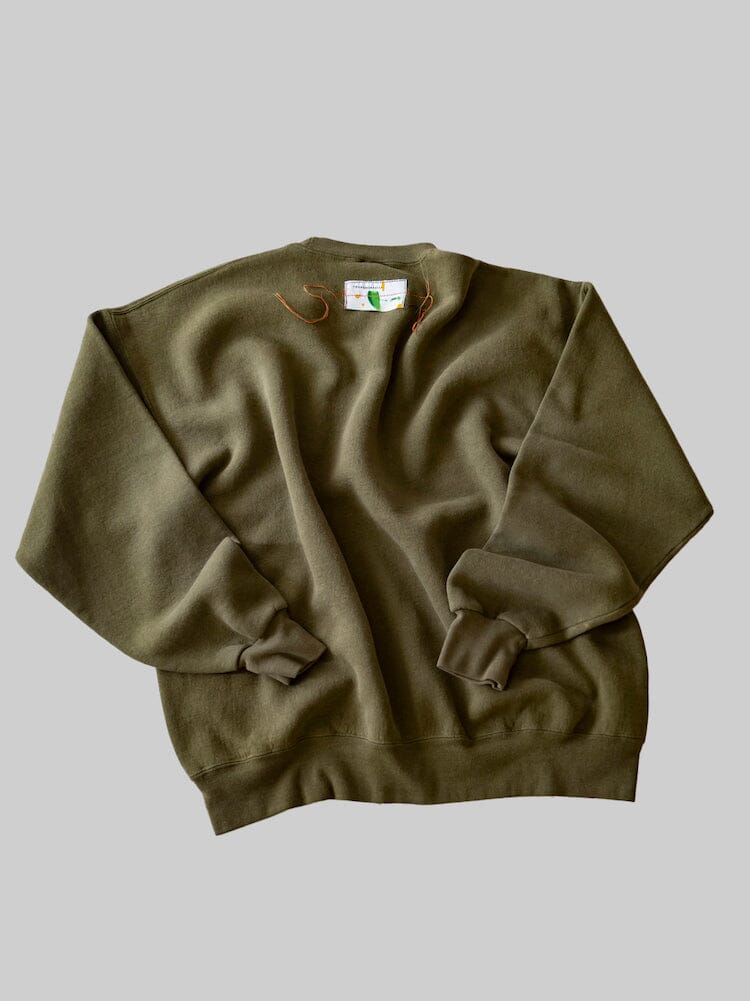 Transnomadica X Alpha Upcycled USMC Sweatshirt by Alpha Industries, olive green, visible neck tag.