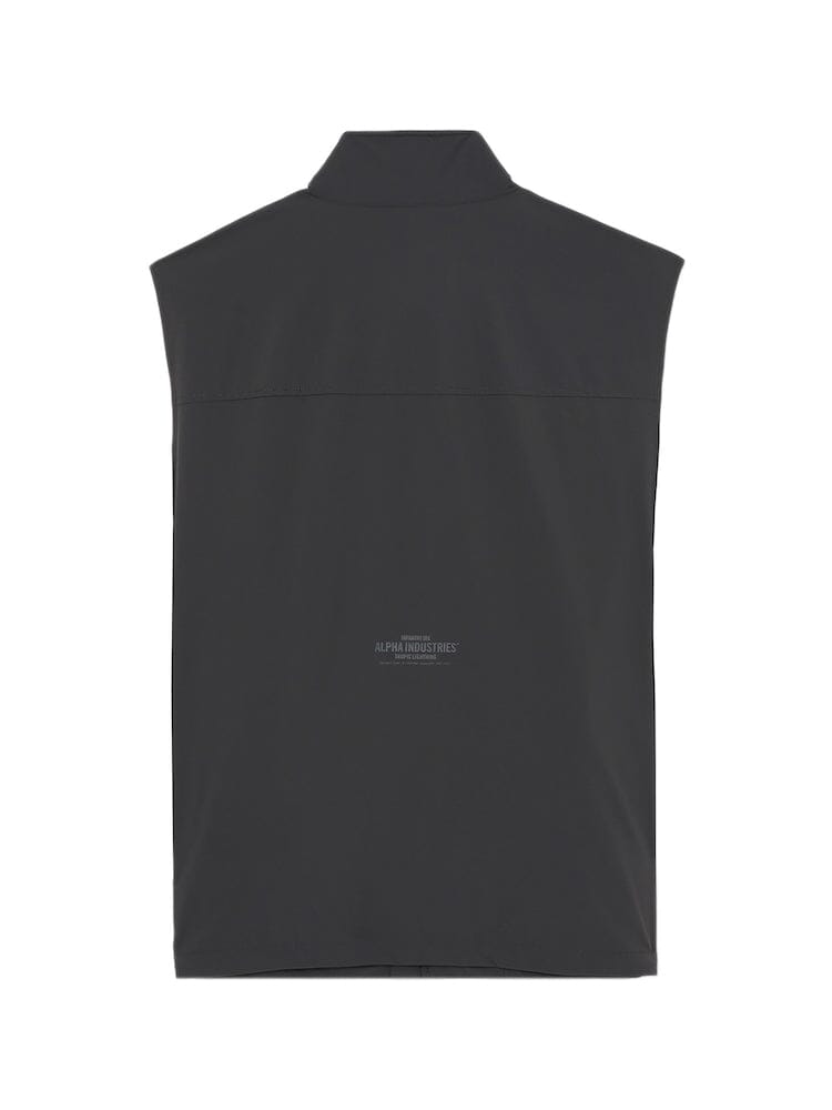 UNFRM Nylon Tactical Vest by Alpha Industries, black, nylon, sleeveless with high collar, center logo, and utility pockets.