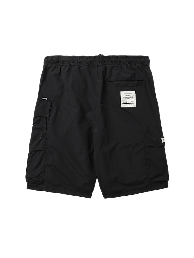 UNFRM Nylon Utility Short by Alpha Industries, black nylon with drawstring waist, multiple tactical pockets, white rectangular label on one back pocket.