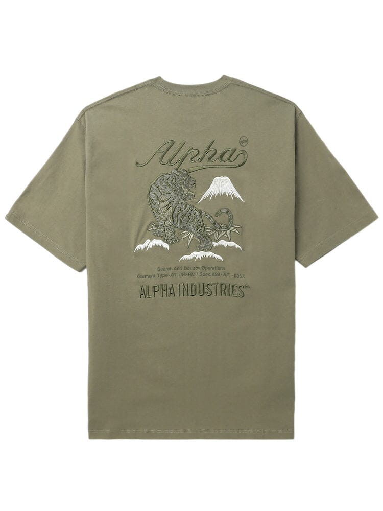 Unfrm Tiger Short Sleeve Tee by Alpha Industries, olive green, Alpha tiger mountain and text graphic on back, Alpha Industries branding at hem.