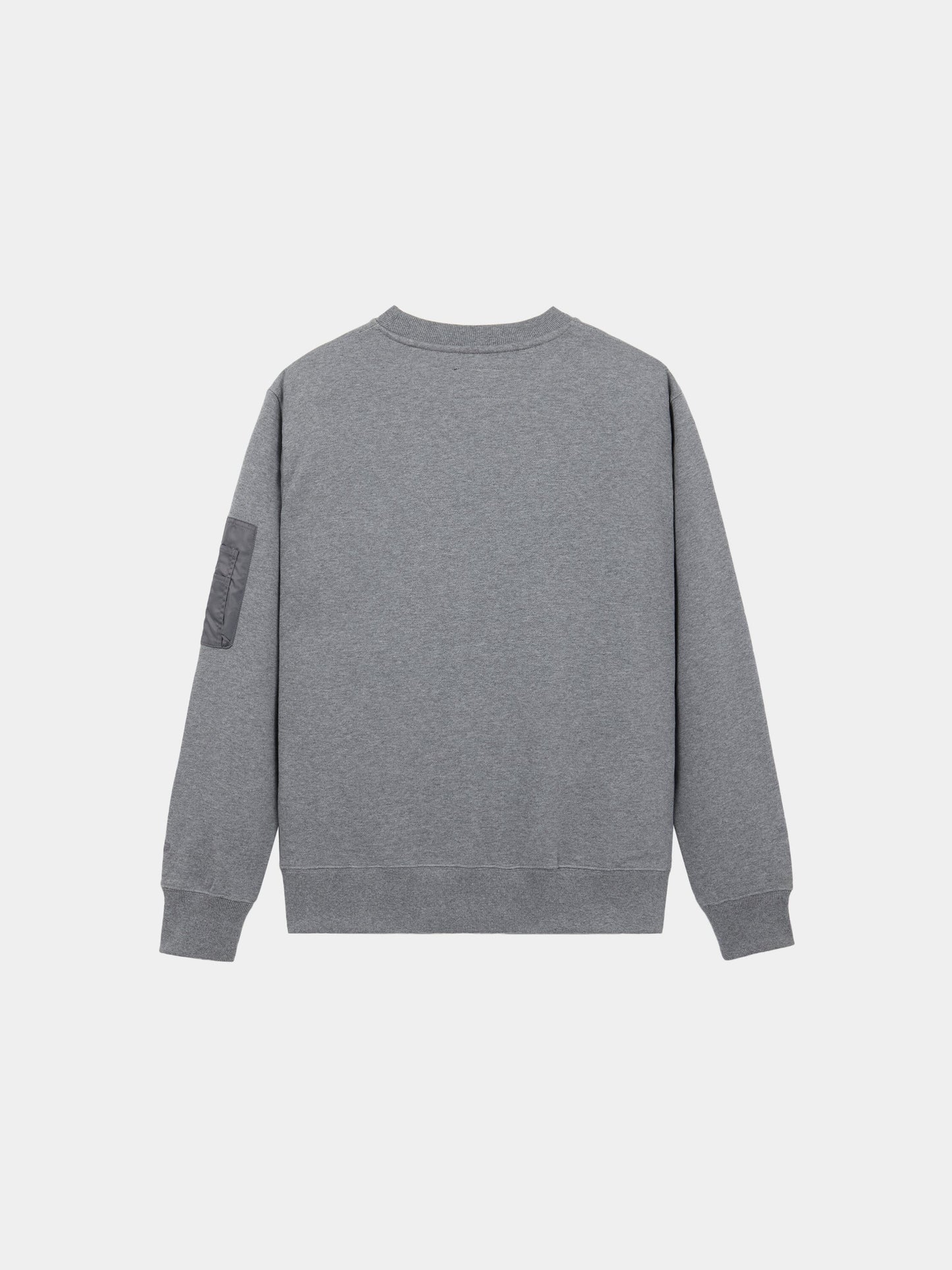 Alpha Industries Utility Pocket Crewneck, grey sweatshirt with long sleeves and MA-1 utility pocket on left arm.