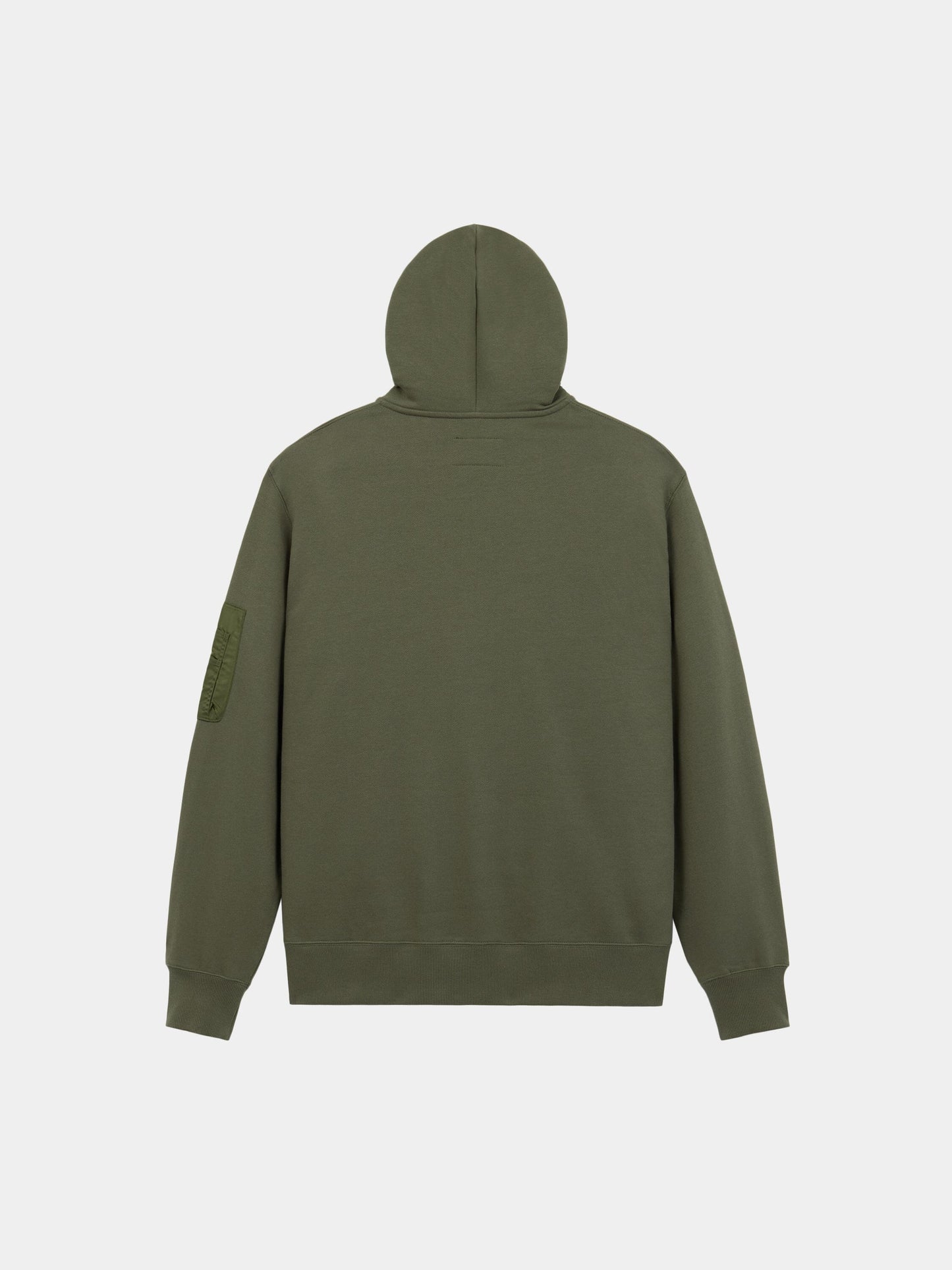 Utility Pocket Full Zip Up by Alpha Industries in olive green with long sleeves, hood, and a patch on the upper left sleeve.