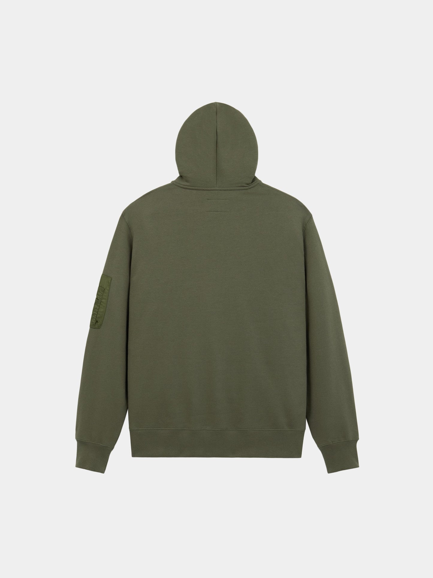 Alpha Industries Utility Pocket Hoodie in olive green with ribbed cuffs, hem, MA-1 utility sleeve pocket, and patch detail.