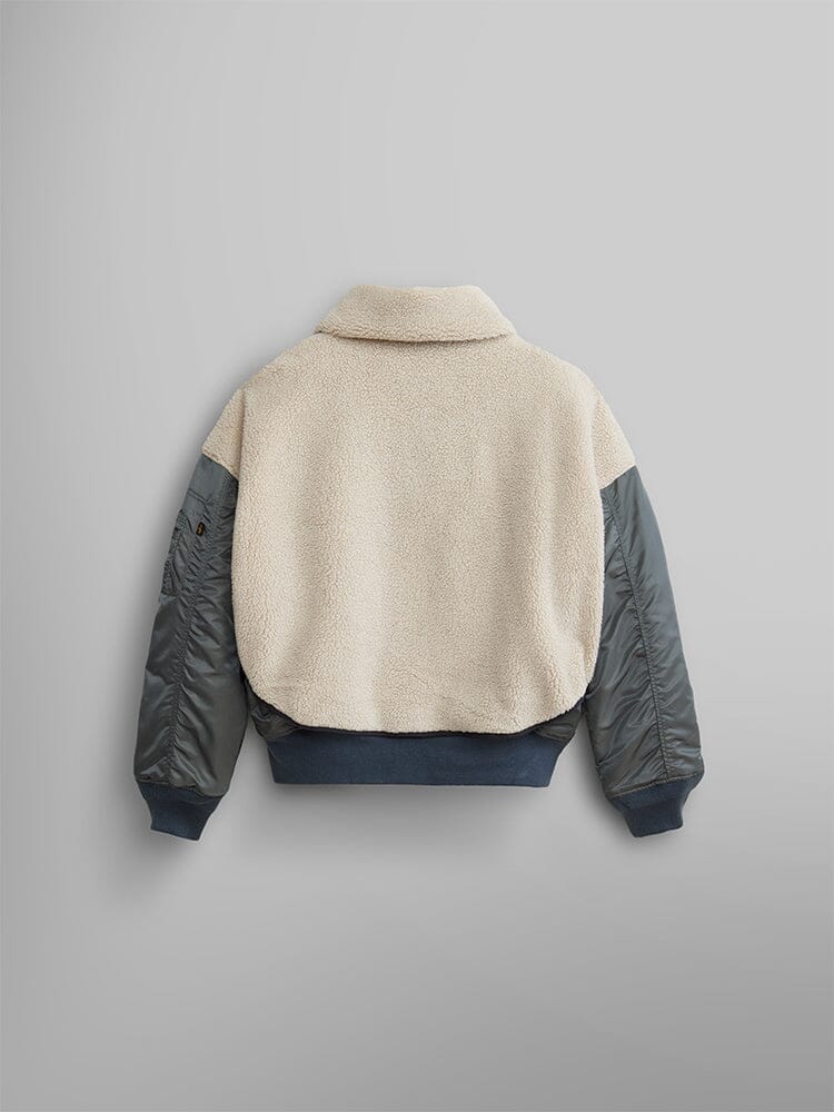 Back view of the Women's B-15 Sherpa Hybrid Bomber Jacket by Alpha Industries with its cream-colored fleece body, gray satin sleeves.