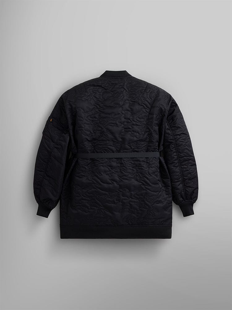 Back view of the Women's Camo Quilted Belted MA-1 Bomber Jacket by Alpha Industries. This black quilted jacket features ribbed cuffs and hem with intricate detailing for added style.