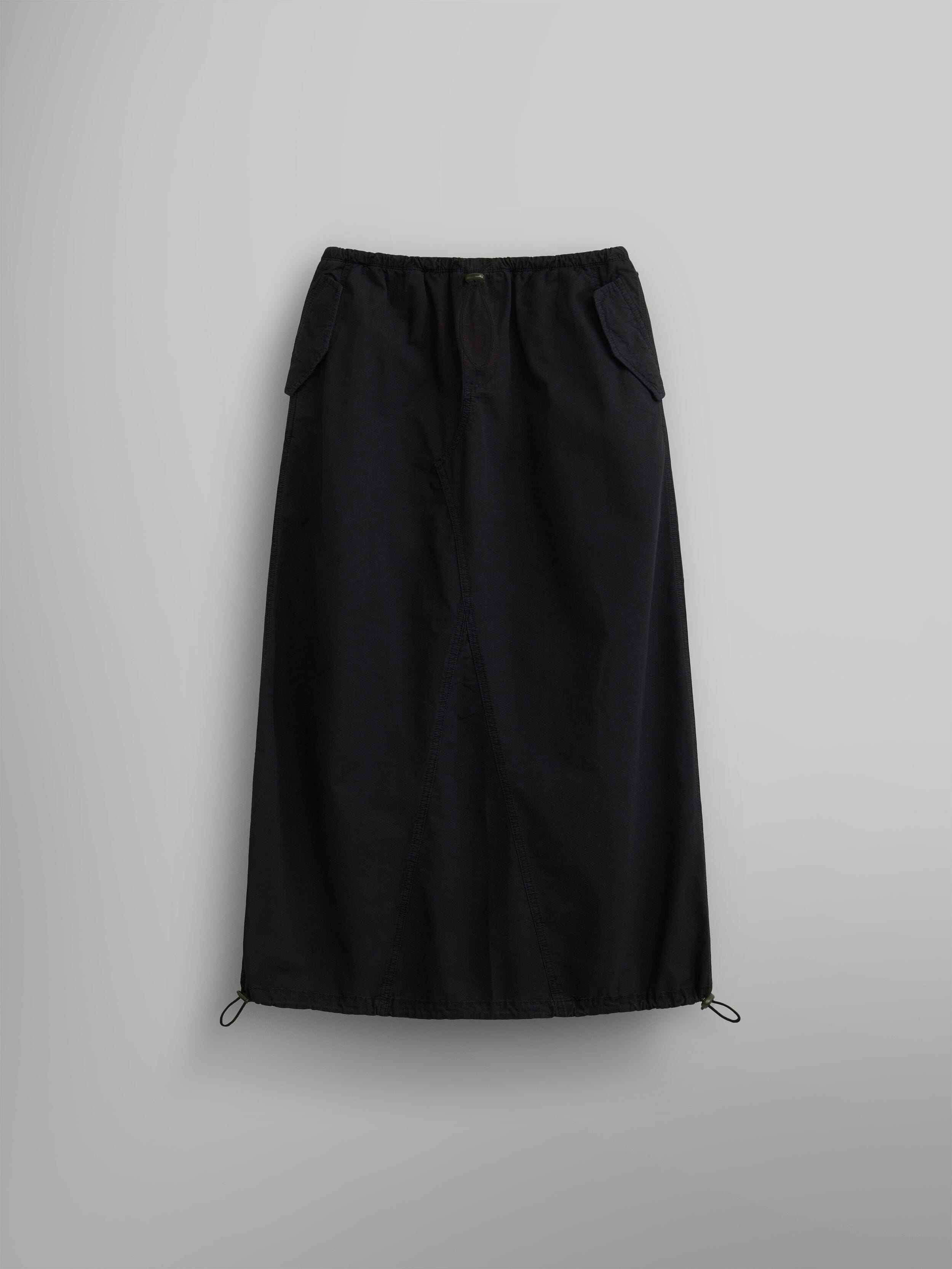 The Women's Drawcord Skirt by Alpha Industries features a black mid-length design with a drawstring hem and bungee waistband.