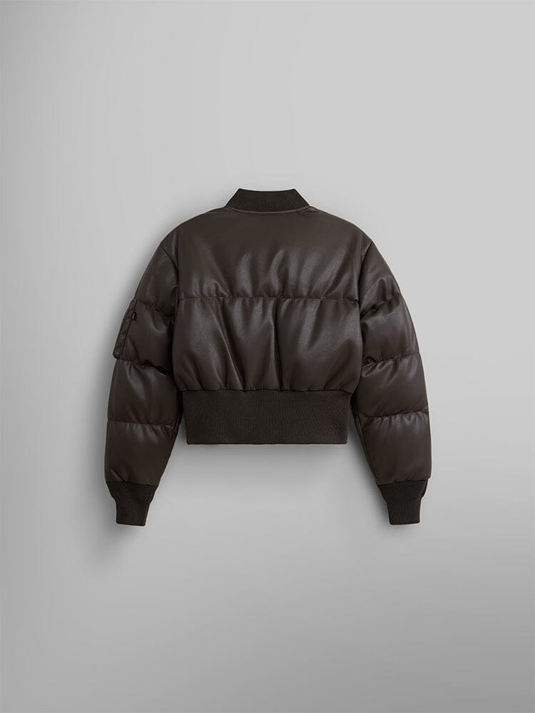 The Women's Sierra Faux Leather Short Puffer Jacket by Alpha Industries is shown from the back with ribbed cuffs and hem, featuring responsible down fill.