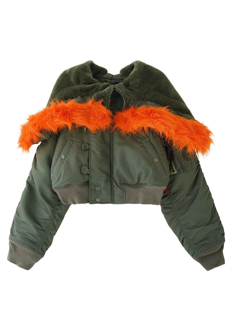 Alpha Industries N-2B Short Waist Parka, olive green collar, orange faux fur trim, cropped bomber jacket, MA-1 style.