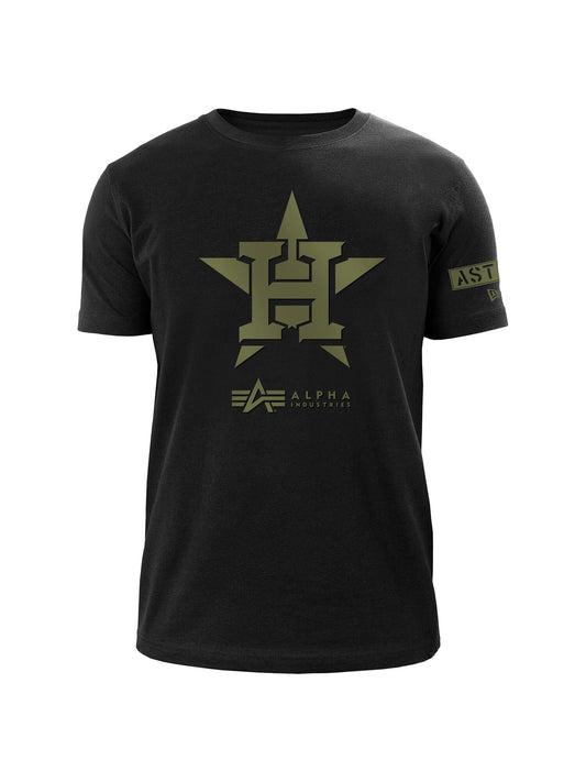Houston Astros Ma-1 T-Shirt by Alpha Industries, black with olive green star, twill H applique, team logo on chest, AST text on left sleeve.