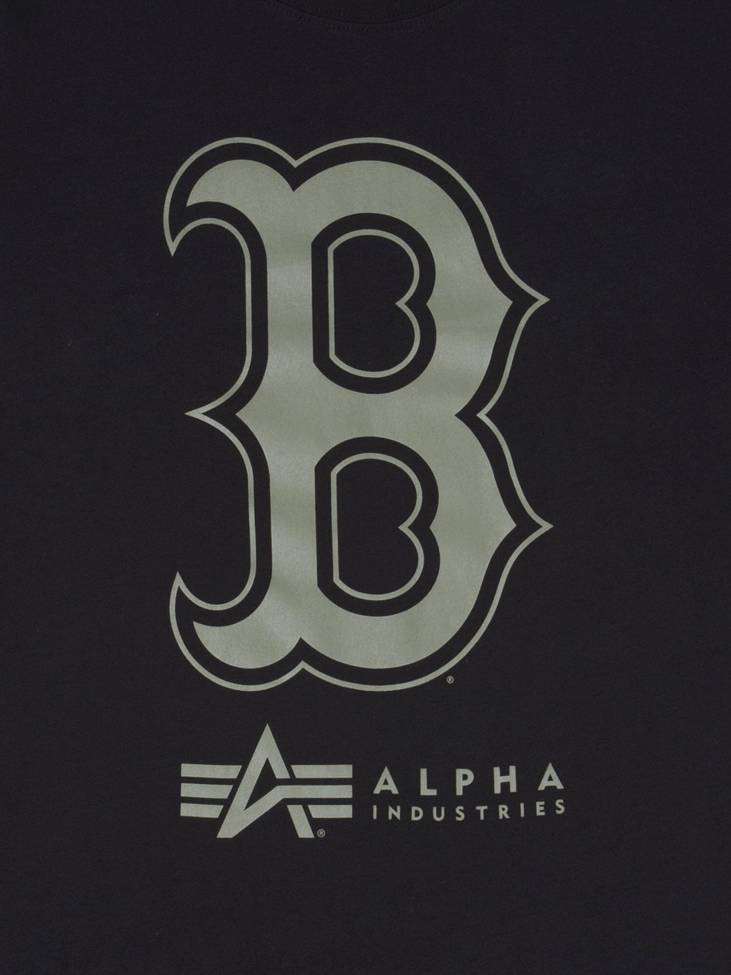 Boston Red Sox X Alpha X New Era T-Shirt by Alpha Industries, black, features a bold letter B above the Alpha Industries logo and text, inspired by the MA-1 bomber jacket.