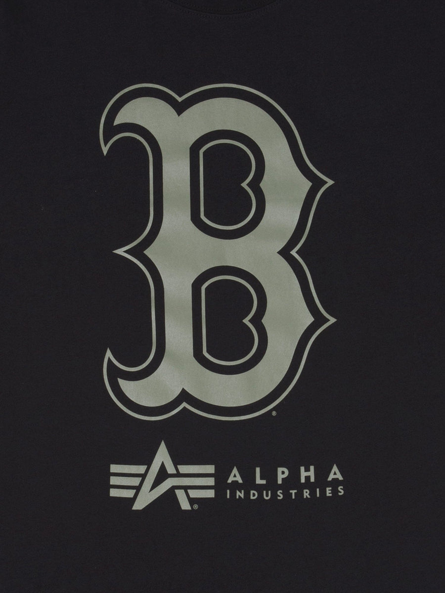Boston Red Sox X Alpha X New Era T-Shirt by Alpha Industries, black, features a bold letter B above the Alpha Industries logo and text, inspired by the MA-1 bomber jacket.