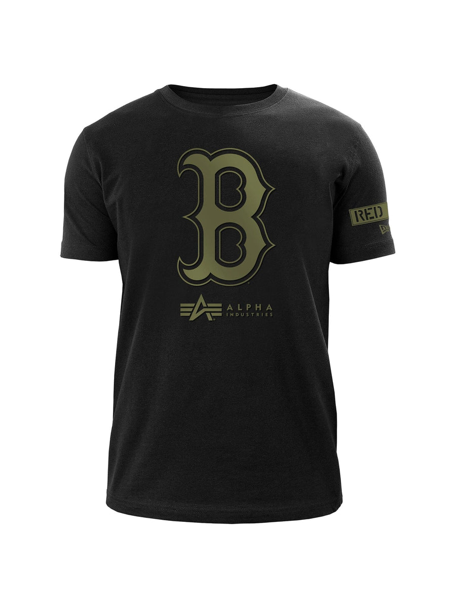 Black Boston Red Sox X Alpha Industries X New Era T-Shirt, bold B team logo on chest, Alpha Industries branding below, red sleeve text inspired by MA-1 Bomber Jacket.