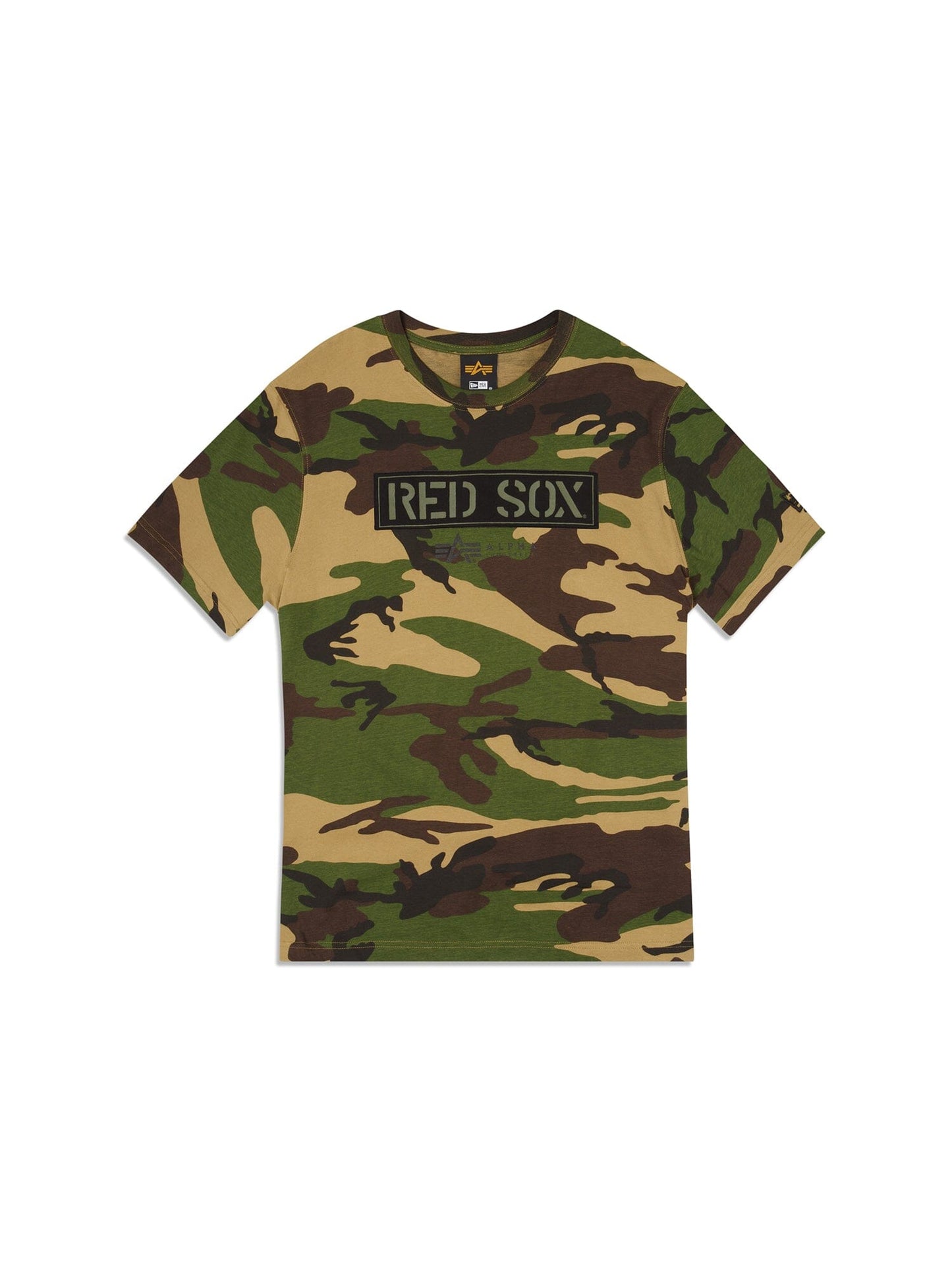Boston Red Sox X Alpha Industries Camo T-Shirt, green, brown, and beige camo pattern, black Red Sox block letters on front, MA-1 inspired detailing.