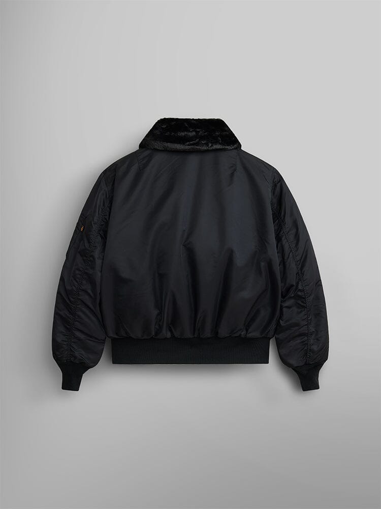 Alpha Industries B-15 Bomber Jacket in black with removable faux-mouton collar, elastic waistband and cuffs, water resistant, MA-1.