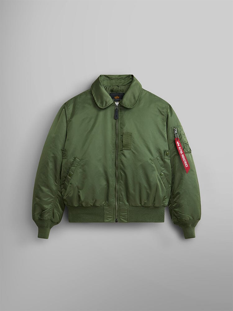 Alpha Industries B-15 Bomber Jacket, olive green, water-resistant, front zipper, two side pockets, ribbed cuffs and hem, red Remove Before Flight sleeve tag, removable faux-mouton collar.