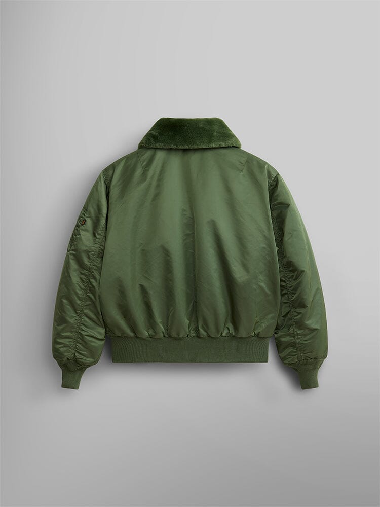 Alpha Industries B-15 Bomber Jacket in green, water-resistant with ribbed cuffs and hem.