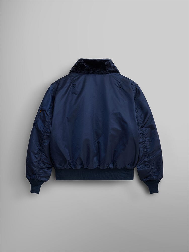 Alpha Industries B-15 Bomber Jacket in navy blue with ribbed hem and cuffs and removable faux-mouton collar.