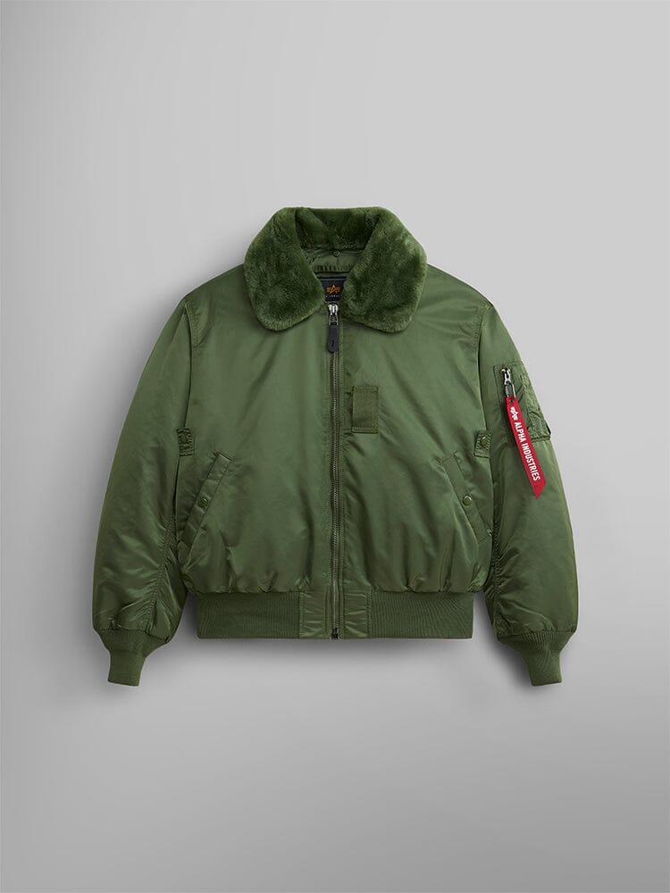 B-15 Bomber Jacket by Alpha Industries, sage green, removable faux-mouton collar, front zipper, side pockets, ribbed cuffs and hem, water resistant finish, red Remove Before Flight sleeve tag.