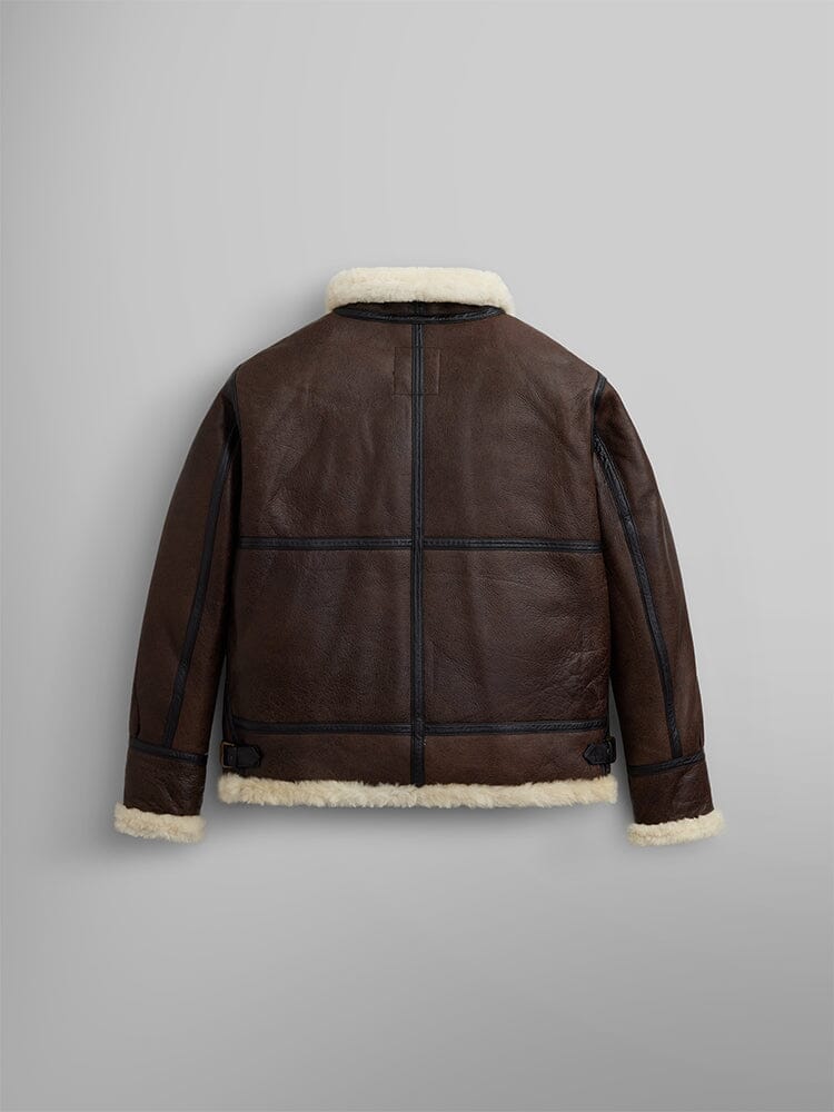 Alpha Industries B-3 Sherpa Leather Bomber Jacket, brown genuine leather, white fur trim, sheepskin lining.