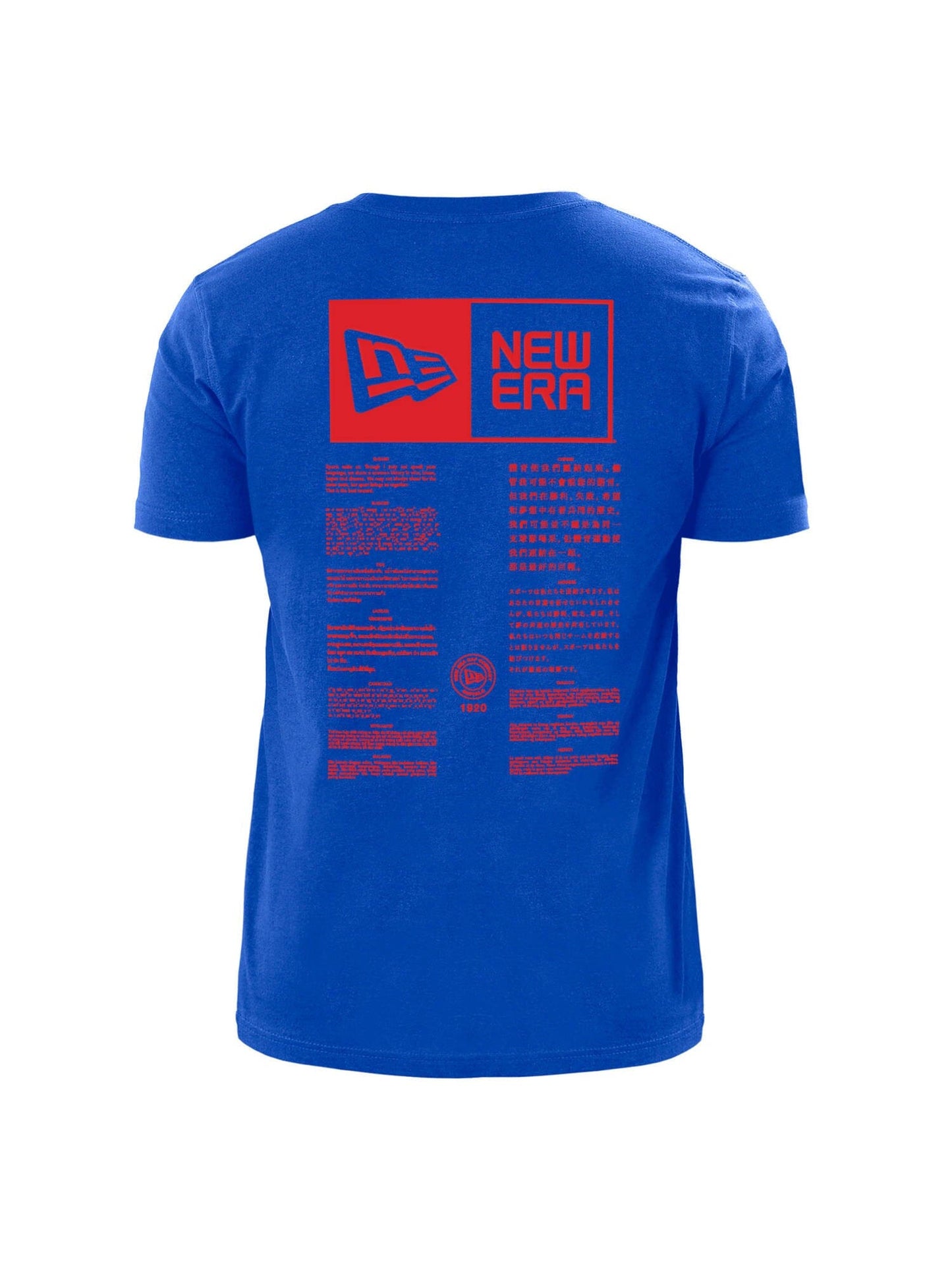 Blue T-shirt with a striking twill applique displaying red text and graphics on the back, featuring the New Era and Alpha Industries logo along with a bold block presentation of the Buffalo Bills historic team logo.