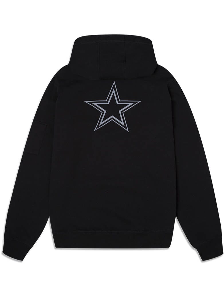 Black hoodie featuring a prominent white star design on the back, crafted with the quality you'd expect from Alpha Industries Dallas Cowboys X Alpha X New Era Hoodie.