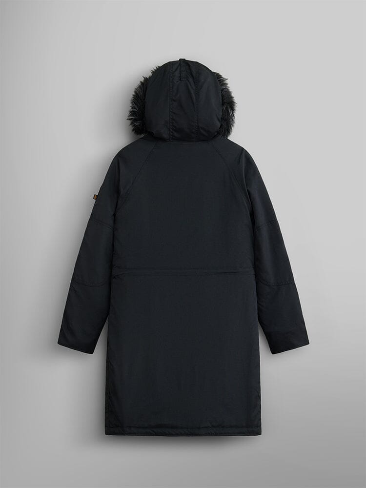 Back view of the Elyse Gen II Parka W by Alpha Industries, a black hooded parka jacket featuring faux fur trim on the hood.