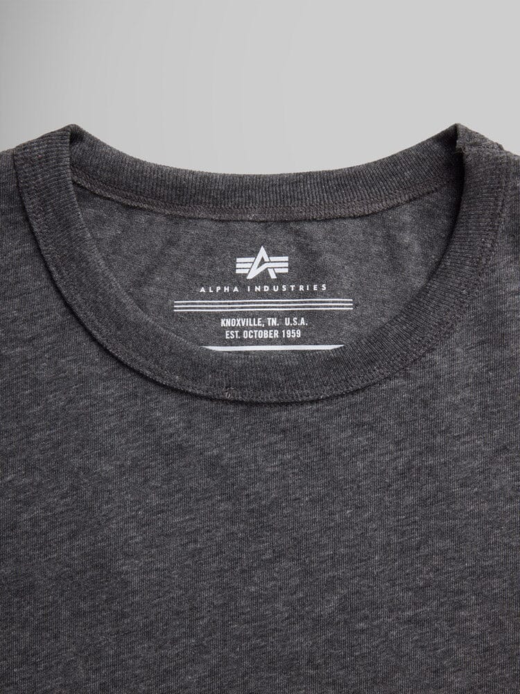Alpha Industries Essential Tee, dark grey cotton crew neck with printed brand label on inside collar.